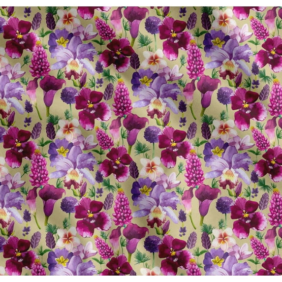 Soimoi Beige Cotton Voile Fabric Pink & Purple Floral Watercolor Printed Fabric 1 Yard 56 Inch Wide