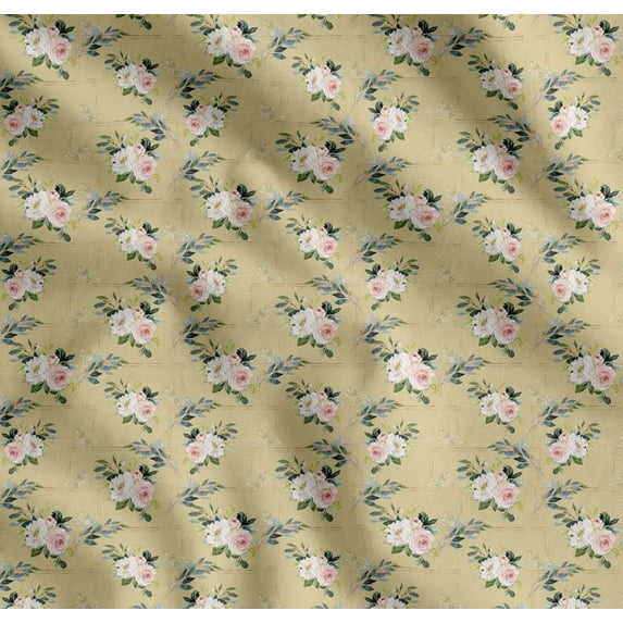 Soimoi Beige Cotton Voile Fabric Ranunculus & Roses Floral Printed Craft Fabric by the Yard 42 Inch Wide