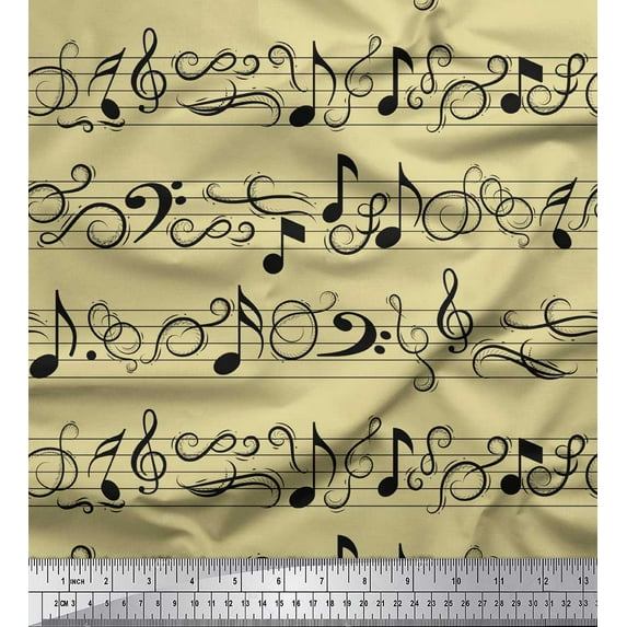 Soimoi Beige Heavy Canvas Fabric Notes Musical Instrument Print Fabric by Yard 58 Inch Wide
