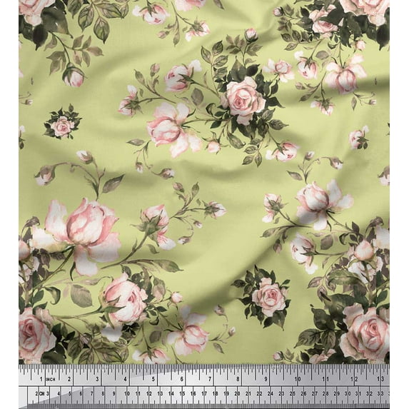 Soimoi Beige Japan Crepe Satin Fabric Leaves & Rose Floral Print Sewing Fabric Yard 42 Inch Wide
