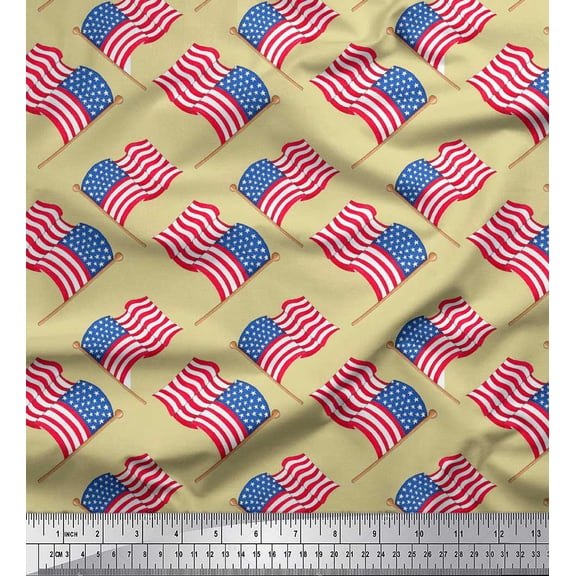 Soimoi Beige Modal Satin Fabric USA Country Flag Print Fabric by Yard 42 Inch Wide