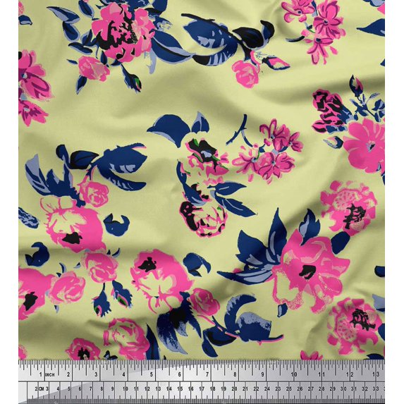 Soimoi Beige Poly Georgette Fabric Artistic Leaf & Floral Fabric Prints By Yard 52 Inch Wide