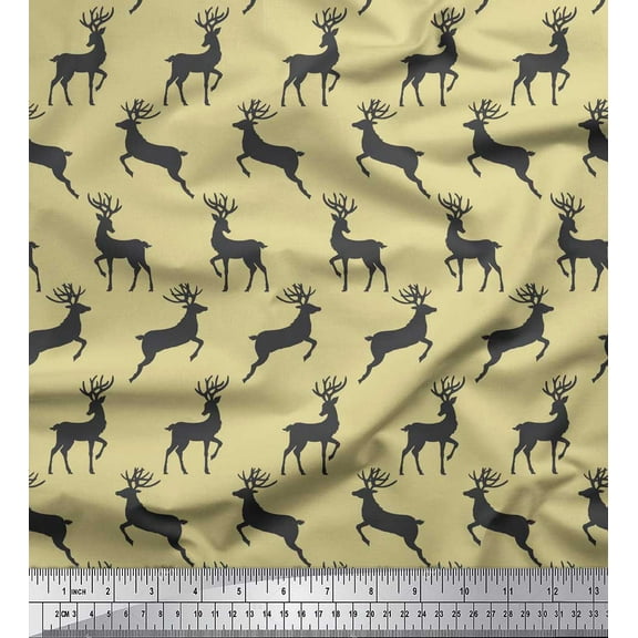 Soimoi Beige Poly Georgette Fabric Stencil Reindeer Animal Print Sewing Fabric Yard 42 Inch Wide