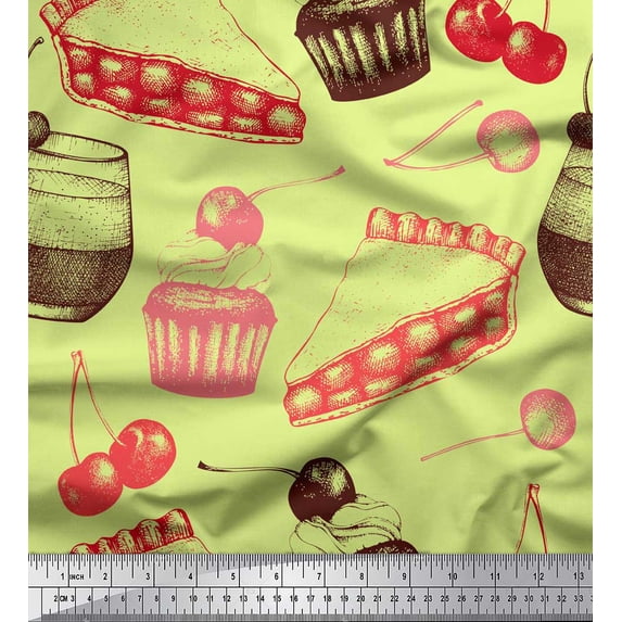Soimoi Beige Rayon Crepe Fabric Cherry,Cupcake & Cake Slice Party Print Fabric by the Yard 46 Inch Wide