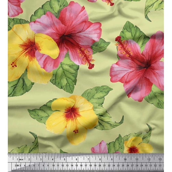 Soimoi Beige Rayon Crepe Fabric Leaves & Floral Print Fabric by the Yard 46 Inch Wide