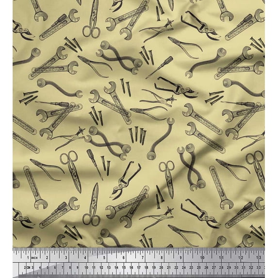 Soimoi Beige Rayon Fabric Tools Hardware Printed Craft Fabric by the Yard 56 Inch Wide