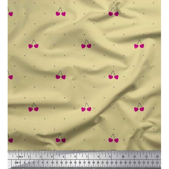 Soimoi Beige Silk Fabric Cherry & Dots Printed Craft Fabric by the Yard 42 Inch Wide