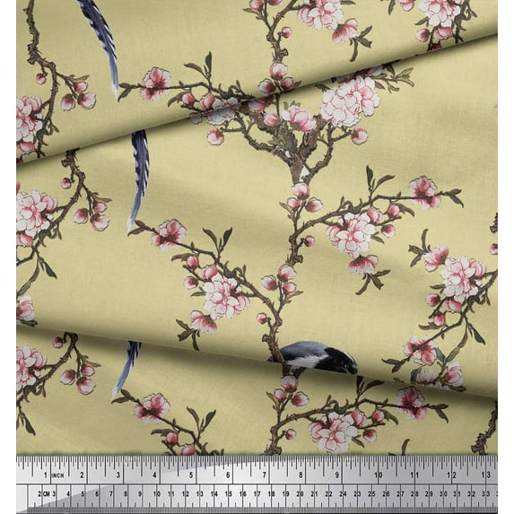 Soimoi Beige Silk Fabric Floral & Paradise Whydah Bird Fabric Prints By Yard 44 Inch Wide
