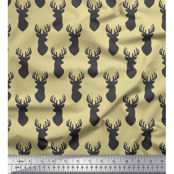 Soimoi Beige Velvet Fabric Stencil Elk Mount Face Printed Fabric 1 Yard 58 Inch Wide