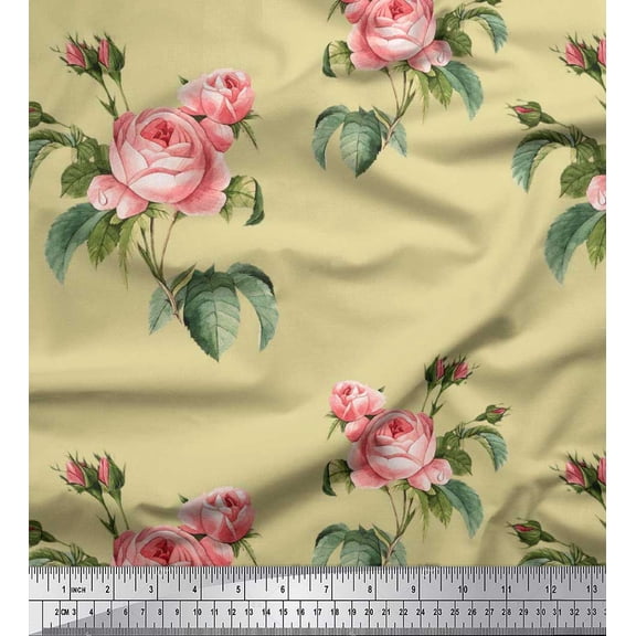Soimoi Beige Viscose Chiffon Fabric Leaves & Rose Floral Decor Fabric Printed Yard 42 Inch Wide