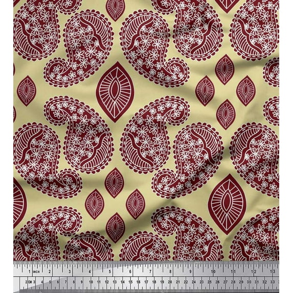 Soimoi Beige Viscose Chiffon Fabric Maroon Paisley Printed Fabric 1 Yard 42 Inch Wide