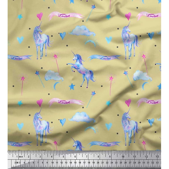 Soimoi Beige polyester Crepe Fabric Cloud & Unicorn Animal Printed Fabric 1 Yard 42 Inch Wide