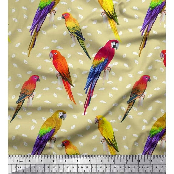 Soimoi Beige polyester Crepe Fabric Macaw Parrot Bird Fabric Prints By Yard 52 Inch Wide