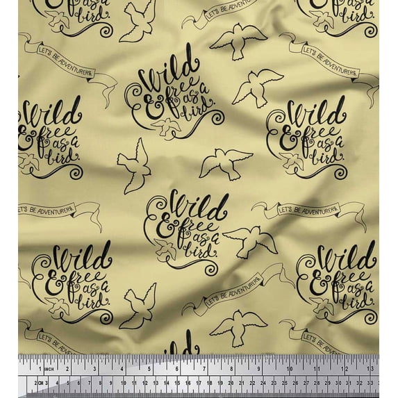 Soimoi Beige polyester Crepe Fabric Text & Bird Tribal Fabric Prints By Yard 42 Inch Wide