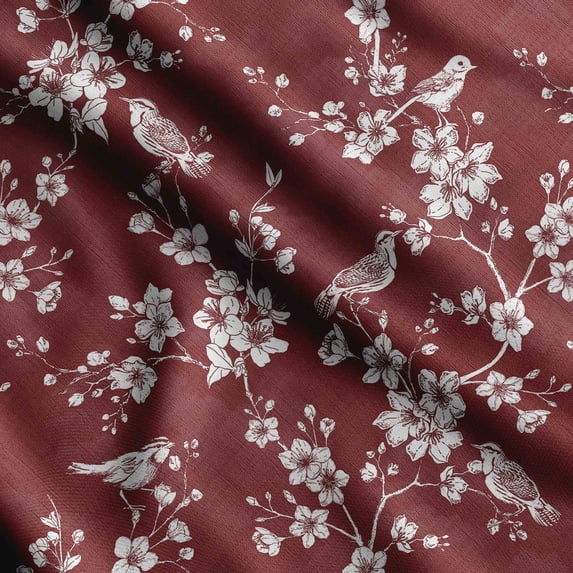 Soimoi Bird & Flowers Printed Japan Crepe SatinFabric By The Yard-54 Inch WideDecorative Sewing Fabric For Dresses, Kimonos, Gowns-Maroon