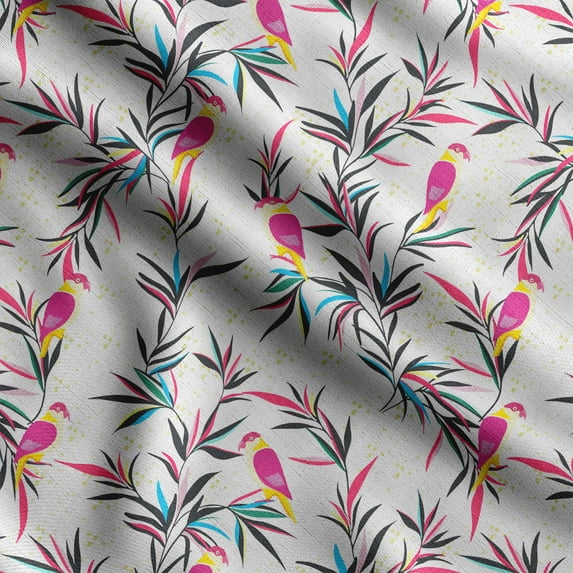 Soimoi Bird With Leaves Print,Cotton Cambric, Quilting Fabric Sold by The Yard 42 Inch Wide, Medium Weight Cotton Fabric, SewingSupplies, Pink & White