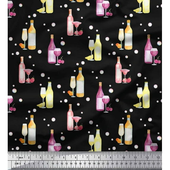 Soimoi Black Cotton Cambric Fabric Bottle & Wine Glass Bar Decor Fabric Printed Yard 42 Inch Wide