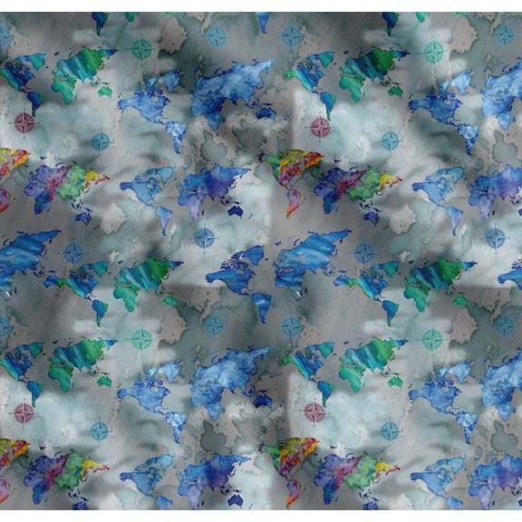 Soimoi Black Cotton Cambric Fabric Direction Compass & World Map Print Fabric by the Yard 42 Inch Wide