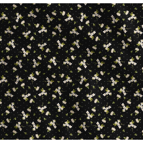Soimoi Black Cotton Cambric Fabric Dot,Leaves & White Flower Floral Print Fabric by the Yard 42 Inch Wide