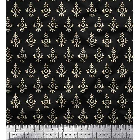 Soimoi Black Cotton Cambric Fabric Floral Block Printed Fabric 1 Yard 42 Inch Wide