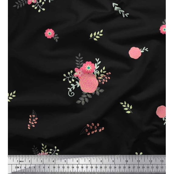 Soimoi Black Cotton Cambric Fabric Leaves & Pink Floral Print Fabric by The Yard 56 Inch Wide