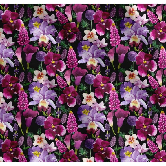 Soimoi Black Cotton Cambric Fabric Pink & Purple Floral Watercolor Printed Craft Fabric by The Yard 56 Inch Wide