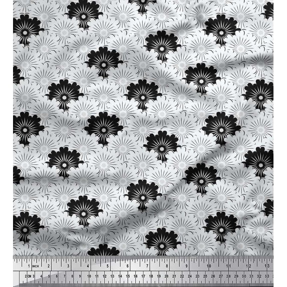 Soimoi Black Cotton Duck Fabric Artistic Floral & Scale Geometric Decor Fabric Printed Yard 42 Inch Wide