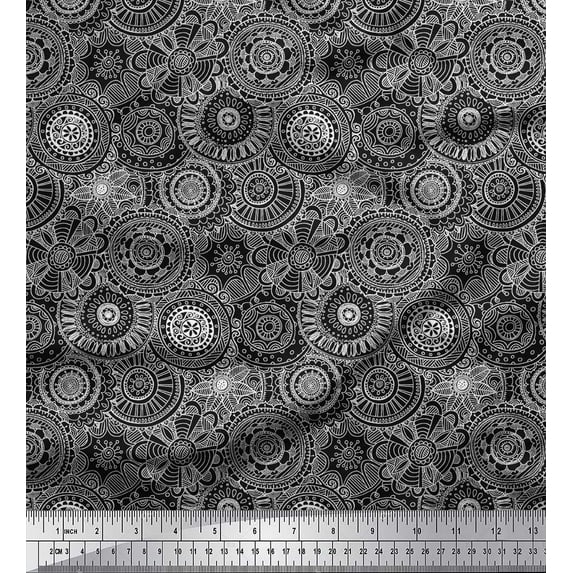 Soimoi Black Cotton Duck Fabric Artistic Flower Mandala Printed Craft Fabric by the Yard 56 Inch Wide