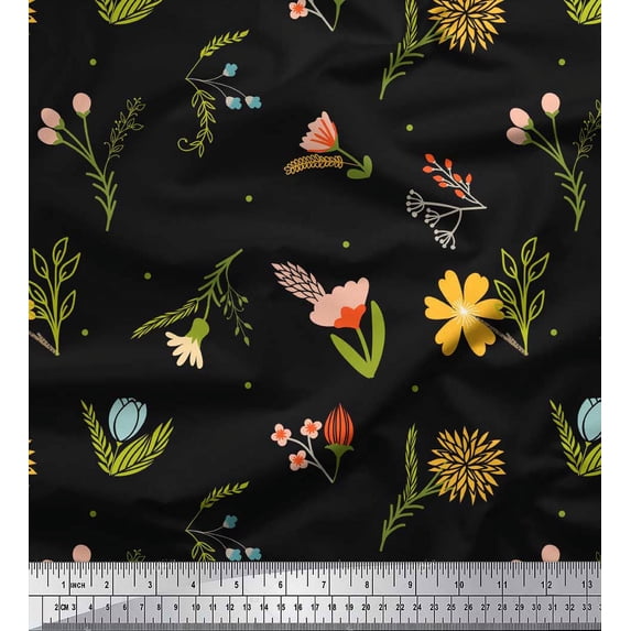 Soimoi Black Cotton Duck Fabric Artistic Leaf & Floral Print Fabric by the Yard 42 Inch Wide