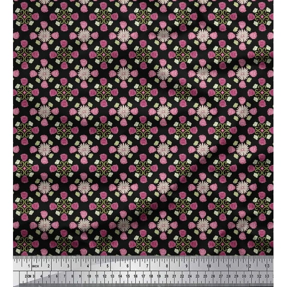 Soimoi Black Cotton Duck Fabric Aster & Roses Damask Print Sewing Fabric Yard 42 Inch Wide