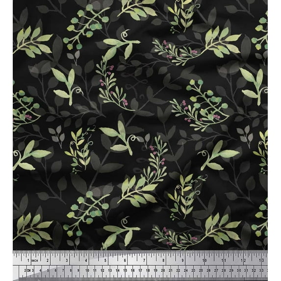 Soimoi Black Cotton Duck Fabric Berries Leaves Print Fabric by the Yard 44 Inch Wide