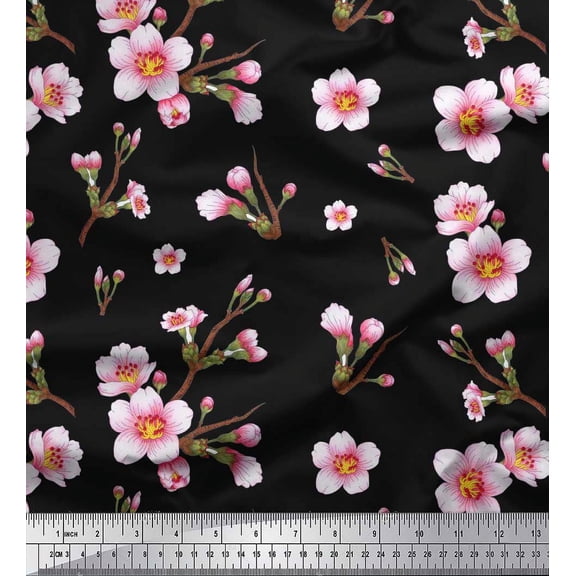 Soimoi Black Cotton Duck Fabric Blossom Floral Printed Fabric 1 Yard 42 Inch Wide