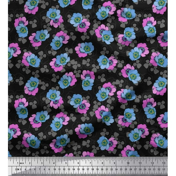 Soimoi Black Cotton Duck Fabric Buttercup Floral Print Fabric by the Yard 42 Inch Wide