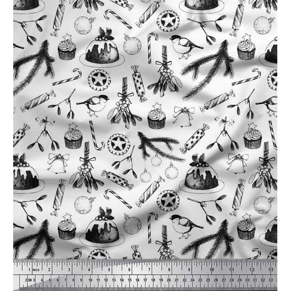 Soimoi Black Cotton Duck Fabric Candies,Bell & Baubles Christmas Decor Fabric Printed Yard 42 Inch Wide