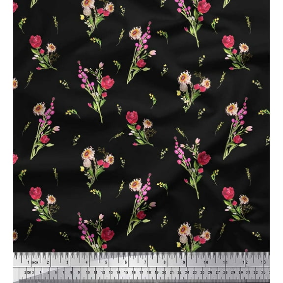Soimoi Black Cotton Duck Fabric Clover Leaves Floral Printed Fabric 1 Yard 44 Inch Wide