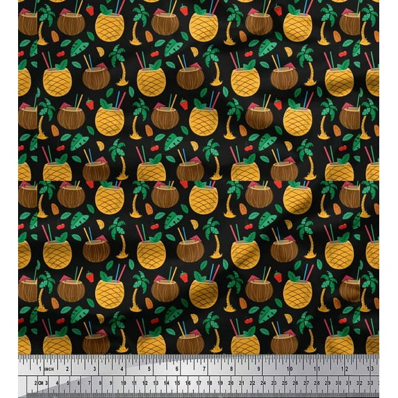 Soimoi Black Cotton Duck Fabric Coconut Tree & Leaf Tropical Print Fabric by the Yard 42 Inch Wide