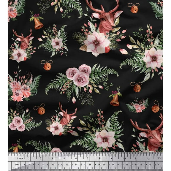 Soimoi Black Cotton Duck Fabric Deer & Freesia Floral Print Fabric By the Yard 58 Inch Wide