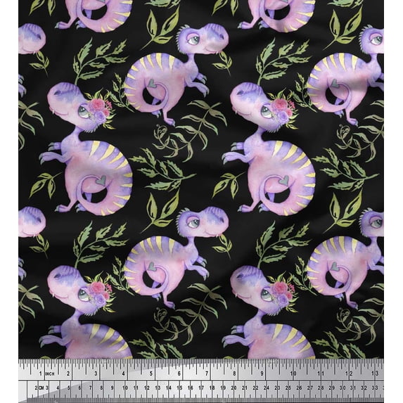 Soimoi Black Cotton Duck Fabric Dinosaurs & Leaves Kids Print Fabric by the Yard 42 Inch Wide
