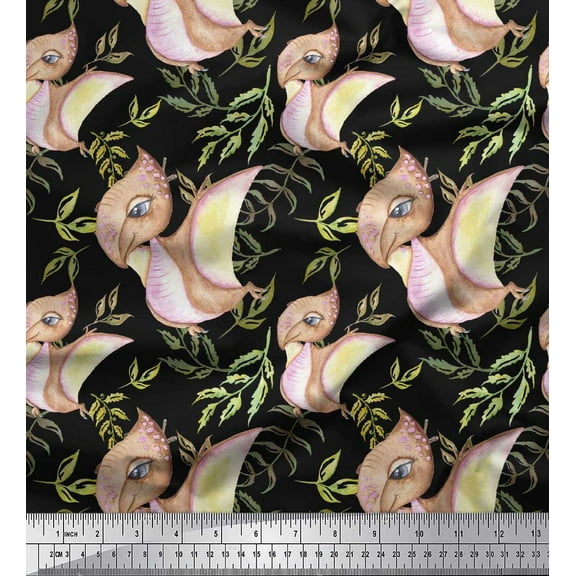 Soimoi Black Cotton Duck Fabric Dinosaurs & Leaves Kids Printed Craft Fabric by the Yard 42 Inch Wide