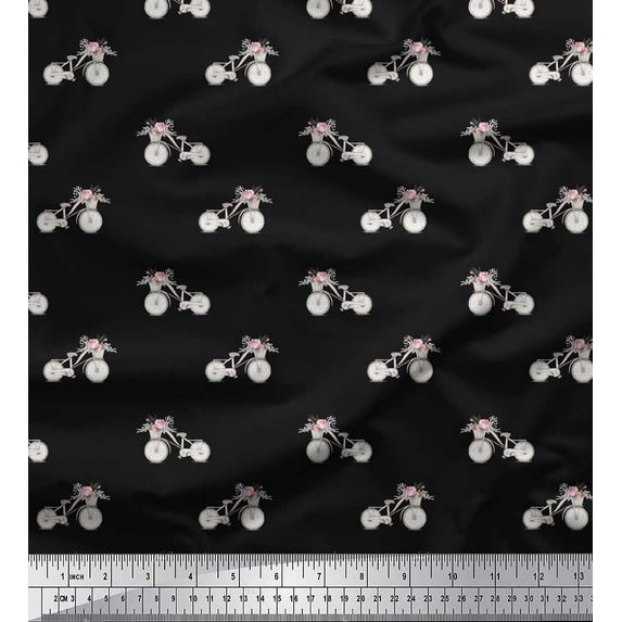 Soimoi Black Cotton Duck Fabric Floral Girl Bicycle Transport Decor Fabric Printed Yard 44 Inch Wide