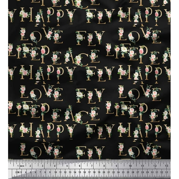 Soimoi Black Cotton Duck Fabric Floral & Text Printed Fabric 1 Yard 44 Inch Wide