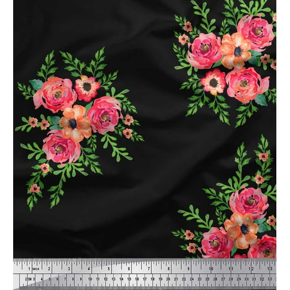 Soimoi Black Cotton Duck Fabric Flower Floral Printed Craft Fabric 1 Yard 44 Inch Wide