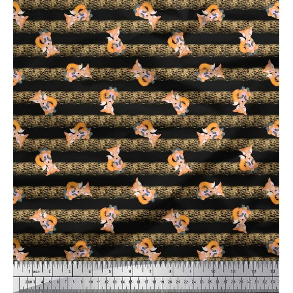 Soimoi Black Cotton Duck Fabric Fox & Stripes Kids Print Sewing Fabric Yard 42 Inch Wide
