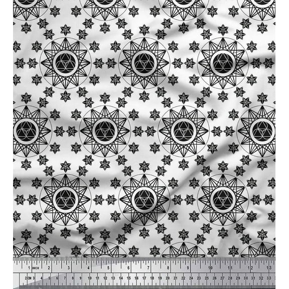 Soimoi Black Cotton Duck Fabric Geometrical Star Geometric Print Fabric by the Yard 42 Inch Wide