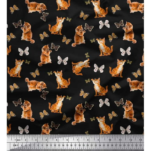 Soimoi Black Cotton Duck Fabric Insect & Cat Animal Print Fabric by Yard 42 Inch Wide