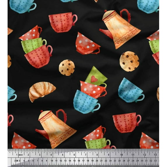 Soimoi Black Cotton Duck Fabric Kettle & Cups Kitchen Print Fabric by Yard 42 Inch Wide