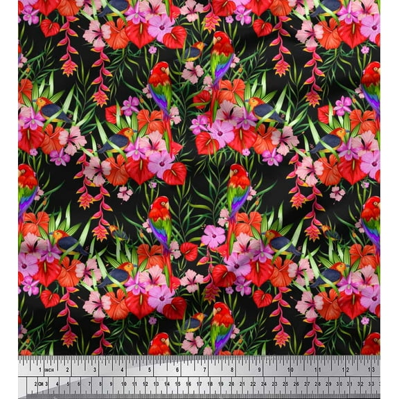 Soimoi Black Cotton Duck Fabric Laceleaf & Macaw Parrot Bird Printed Fabric 1 Yard 42 Inch Wide