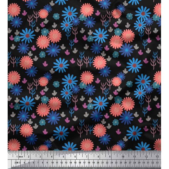 Soimoi Black Cotton Duck Fabric Leaves & Aster Floral Print Fabric by the Yard 42 Inch Wide