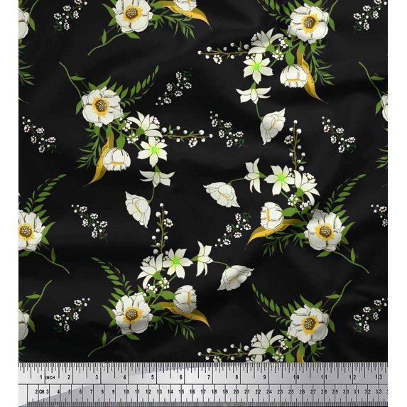 Soimoi Black Cotton Duck Fabric Leaves,Clematis & Camellia Floral Print Sewing Fabric Yard 42 Inch Wide