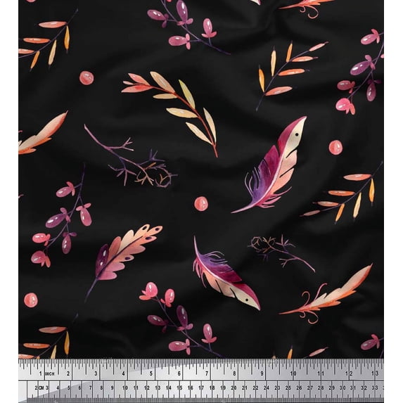 Soimoi Black Cotton Duck Fabric Leaves & Feather Print Fabric by the Yard 42 Inch Wide